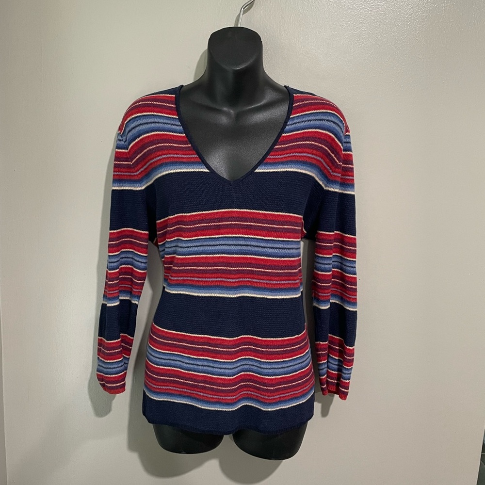 Ralph Lauren Navy Red Blue Striped V-Neck Sweater Top